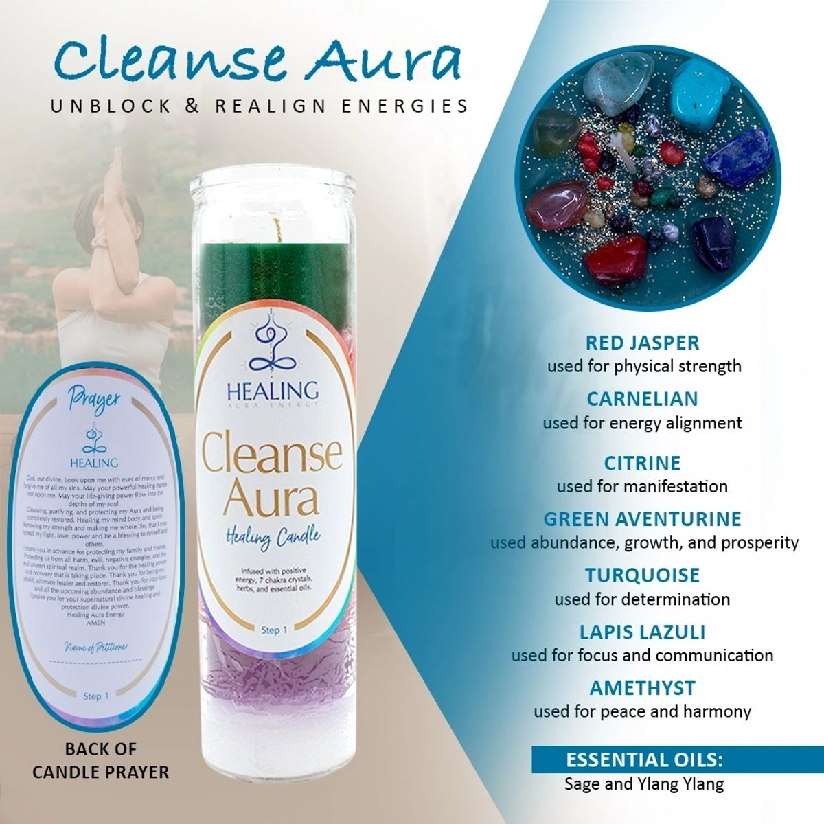 Cleanse Aura Candle - Limpia tu Aura - 11 oz Candle with Crystals, Essential Oils and Prayer