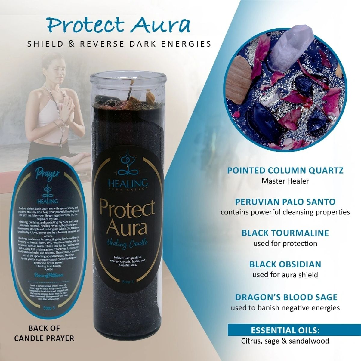 Protect Aura - Proteje Aura - 11 oz Candle w/ Crystals and Essential Oils and Prayer