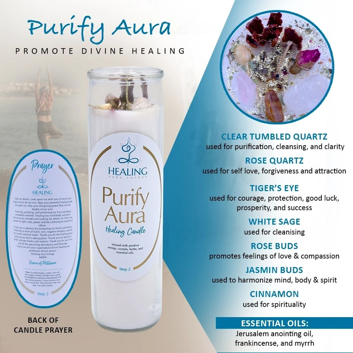 Purify Aura - Purifica Tu Aura - 11 oz Candle w/Crystals, Essential Oils and Prayer
