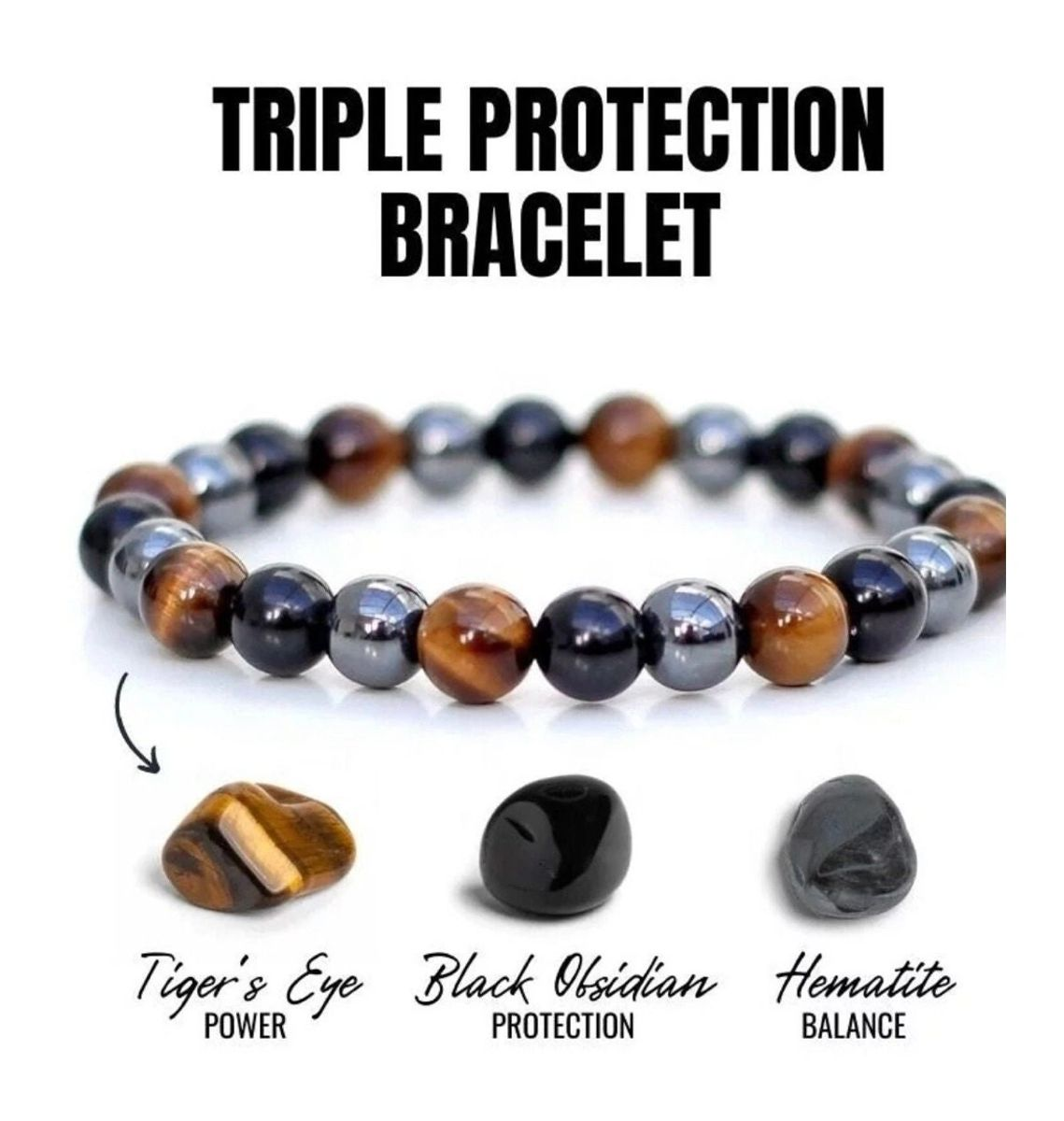 Triple Protection Bracelet-Tiger's Eye • Hematite • Black Obsidian