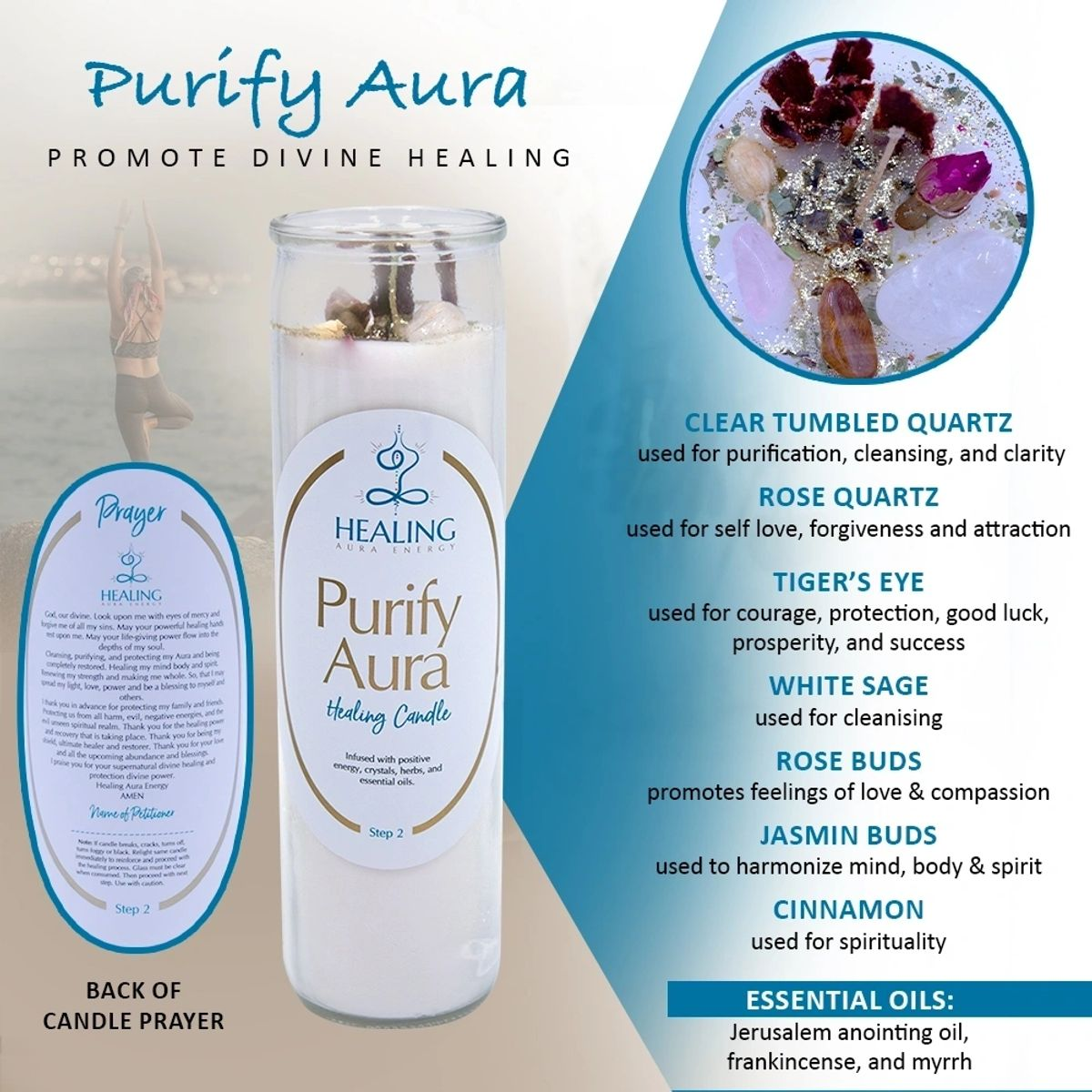 Purifica Tu Aura - Purify Aura - 11 oz Candle w/Crystals and Essential Oils