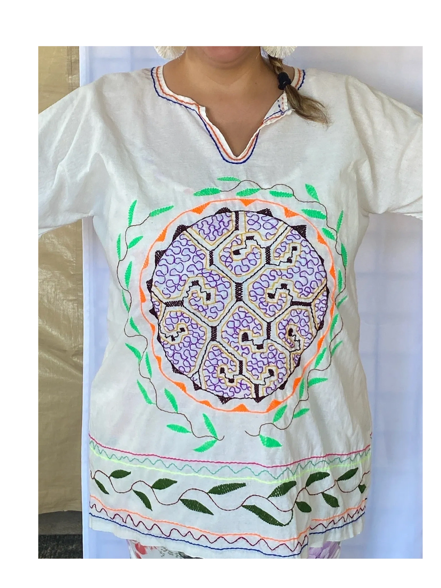 White Traditional, Handmade, Authentic, Shipibo Medicine Shirt with Sacred Ikaros & Mother Ayahuasca L-XL